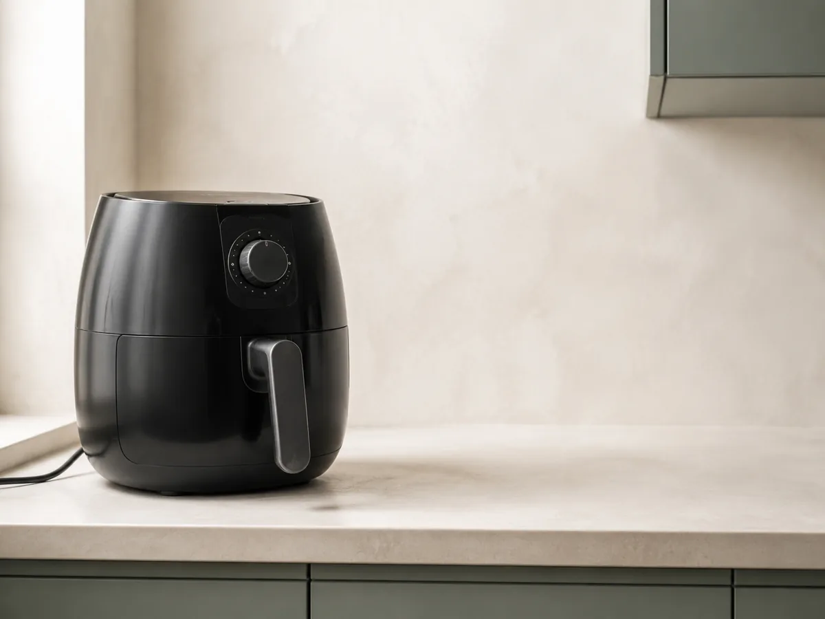 Black air fryer on a warm stone kitchen bench.